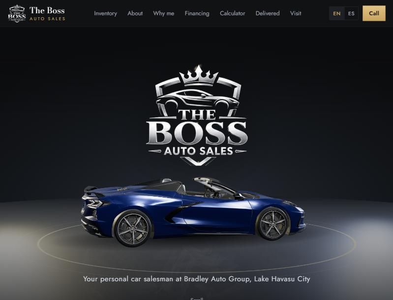 The Boss Auto Sales home page with the 3D Corvette