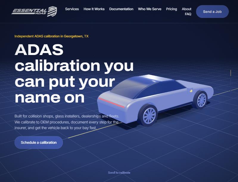 Essential ADAS home page with the 3D car